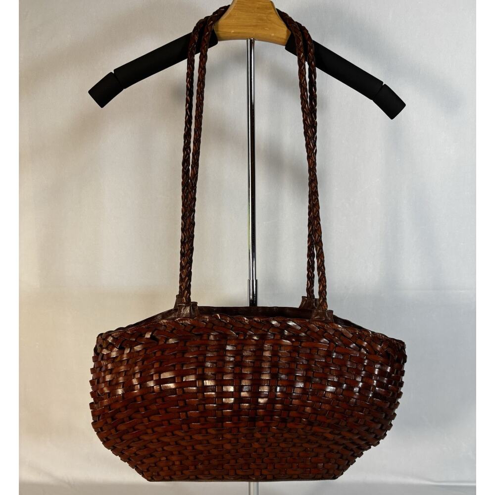 VTG Y2K Italy Woven Leather Tote Bag Cognac Brown Braided Intrecciato Style
